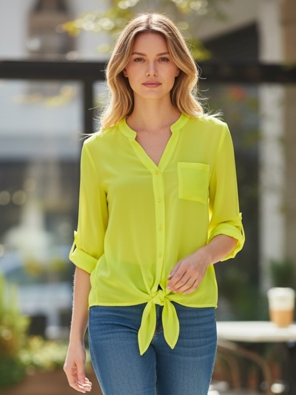 L.E.I. Neon Yellow Tie Front Blouse Pippa Roll Tab Sheer Y2K Festival Top M